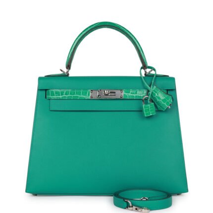 Hermes Kelly Sellier 28 Vert Verone Madame and Shiny Niloticus Crocodile Touch Palladium