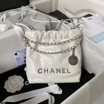 Chanel 22 AS3980 Mini Tote Shiny Calfskin & Silver-Tone Metal White
