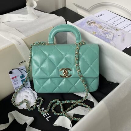 Chanel 24C AS4543 Mini Flap Bag Chain Bag Top Handle Turquoise Lambskin
