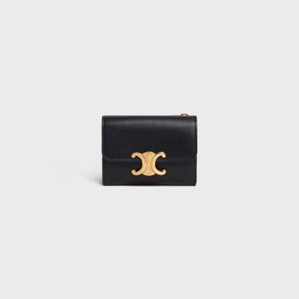 COMPACT WALLET WITH COIN TRIOMPHE IN SHINY CALFSKIN BLACK
