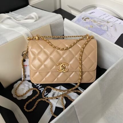 Chanel AS2649 Chain Bag With Gold Charm Small Vintage Calfskin Bag Beige