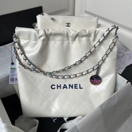 Chanel 22 AS3260 Small Bag White Calfskin Silver Gradient Hardware
