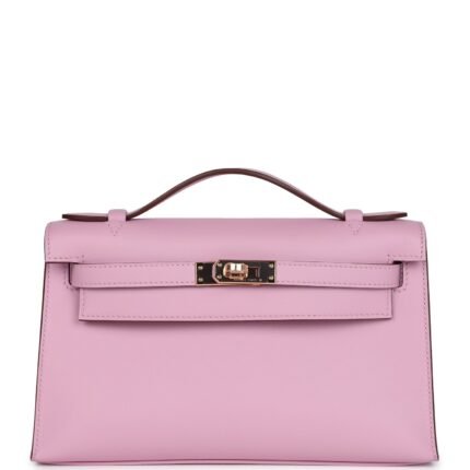 Hermes Kelly Pochette Mauve Sylvestre Swift Rose Gold Hardware