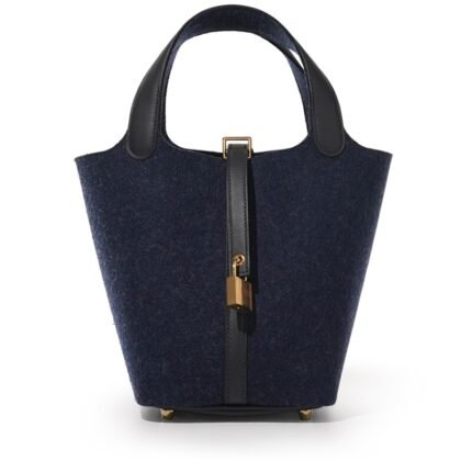 Hermes Bleu Nuit Feutre Wool and Black Swift Picotin Lock 18 Gold Hardware