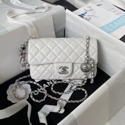 Chanel 23K AS1787 Mini Pearl Embossed Rectangular Flap Bag Lambskin Brushed Silver Metal Hardware White