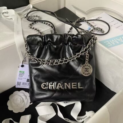 Chanel 22 AS3980 Mini Tote Bag Shiny Calfskin & Silver Metal Black
