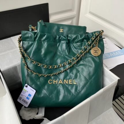 Chanel 22 AS3260 Small Bag Dark Green Calfskin Gold Hardware
