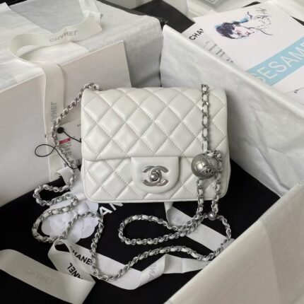 Chanel 23C AS1786 Mini Square Pearl Embossed Flap Bag Antique Silver Hardware White