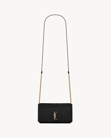 YSL Cassandre Phone Holder in Shiny Crocodile-Embossed Leather