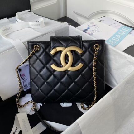 Chanel 24C AS4596 Vintage Logo Quilted Lambskin Shoulder Bag Black