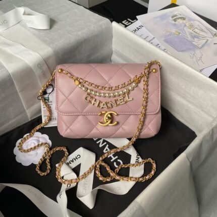 Chanel AS4986 Mini Flap bag Shiny Lambskin Imitation Pearls & Gold-Tone Metal Pink