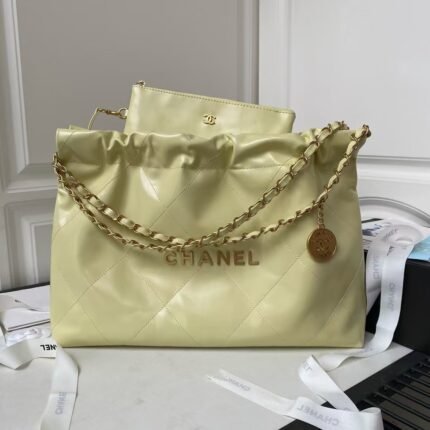 Chanel 22 Hobo Bag 24C AS4486 Gold Metallic Yellow Shiny Calfskin New Edition Horizontal