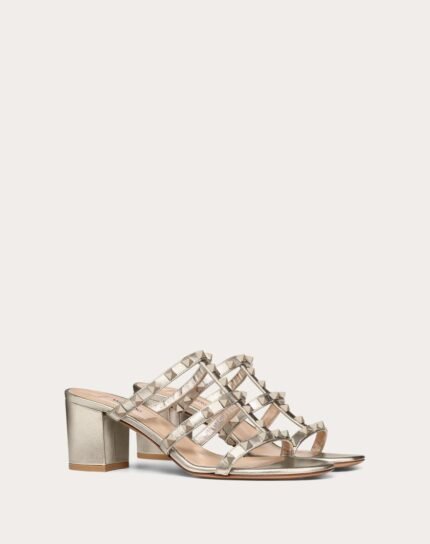 ROCKSTUD METALLIC CALFSKIN LEATHER SLIDE SANDAL 60 MM