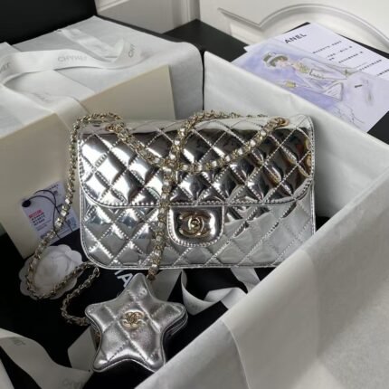 Chanel AS4648 Flap Bag Star Coin Purse Mirrored Calfskin Metallic Calfskin & Gold Metallic Silver