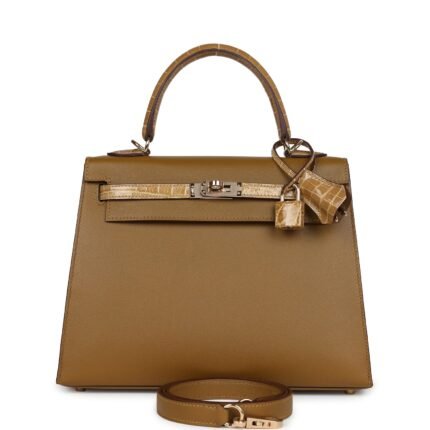 Hermes Kelly Sellier 25 Bronze Dore Madame and Sable Shiny Niloticus Crocodile Touch Permabrass Hardware
