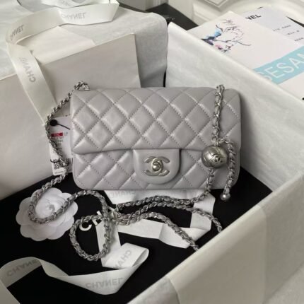 Chanel 23K AS1787 Mini Pearl Embossed Rectangular Flap Bag Lambskin Brushed Silver Metal Hardware Light Grey