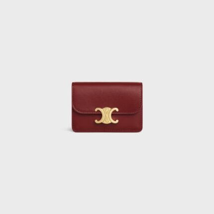 CARD HOLDER WITH FLAP TRIOMPHE IN SHINY CALFSKIN DARK RUBY