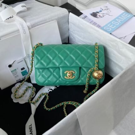 Chanel 23K AS1787 Mini Pearl Embossed Rectangular Flap Bag Lambskin Brushed Metal Hardware Green