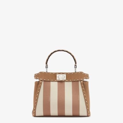 Fendi Peekaboo Mini Selleria and beige Pequin stripe fabric bag with 336 hand-sewn topstitches
