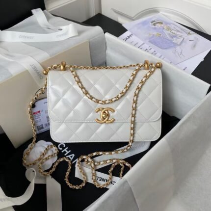 Chanel AS2649 Chain Bag With Gold Charm Small Vintage Calfskin Bag White