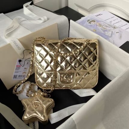 Chanel AS4647 Mini Flap Bag With Star Coin Purse Metallic Calfskin & Gold Metallic Gold