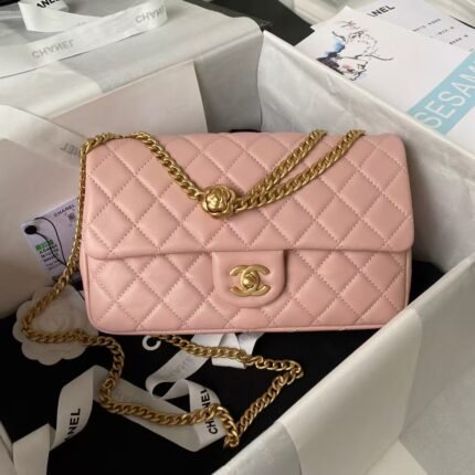 Chanel 23S AS4064 Camellia Embossed Chain Lambskin Flap Bag Light Pink